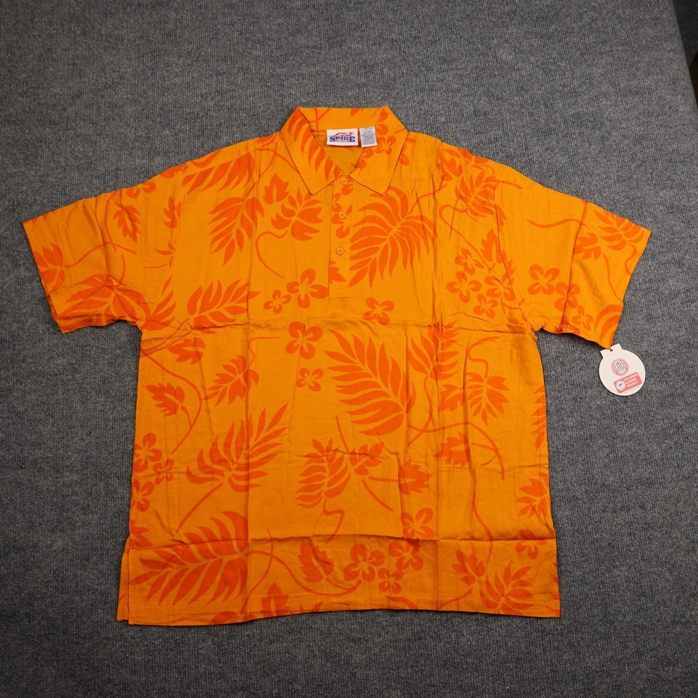 Spike Sports Shirt Mens Large Orange Hawaiian Aloha‎ Rayon Polo Casual Resort
